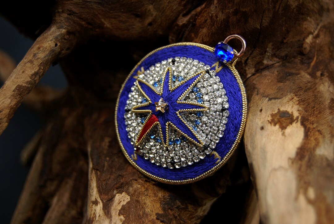 Blue Crystal Compass Brooch: Hand-embroidered Nautical Pin - Etsy