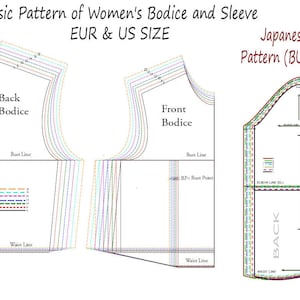 May include: A diagram of a basic pattern for a women's bodice and sleeve, with labels for Back Bodice, Front Bodice, and Sleeve. The pattern includes bust and waist lines, and is labeled with EUR & US SIZE and Japanese Pattern (BUNKA).