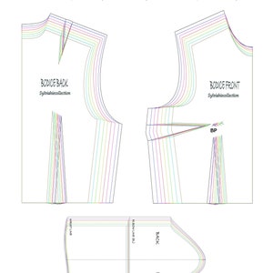 Op de afbeelding: Een meerkleurige lijntekening van een basislijfje-blokpatroon voor naaien. Het patroon omvat een voor- en achterlijfje met een dart. De tekst "Bunka Women's Basic Bodice Block With DART EUR Size 32-46 / US Size 6-20" staat bovenaan de afbeelding. De tekst "BODICE BACK Sylviahiecollection" staat aan de linkerkant van de afbeelding. De tekst "BODICE FRONT Sylviahiecollection" staat aan de rechterkant van de afbeelding. De tekst "BP" staat in het midden van de afbeelding. De tekst "WRIST LINE" staat aan de linkerkant van de afbeelding. De tekst "ELBOW LINE (EL)" staat aan de rechterkant van de afbeelding. De tekst "BACK" staat aan de rechterkant van de afbeelding. De tekst "FRONT" staat aan de rechterkant van de afbeelding.