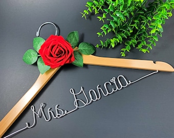Bride hanger with rose, Wedding hanger, Personalized hangers, Custom Mrs hanger, Bridal shower gift, Bridesmaid proposal