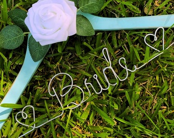 Light blue wedding hanger with rose, Bridal hanger, Wedding shower gift, Rustic wedding dress hanger