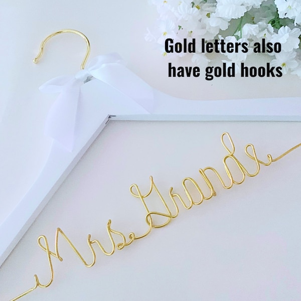 Personalized wedding hanger with gold or silver letters Custom gift for the bride Wire name hanger for the bridal party