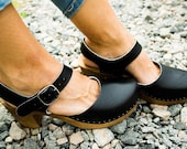 Leather clogs Black sandals handmade Sandals Wooden clogs swedish clogs Handmade clogs sandals Gift for women mule high heel wood clog black
