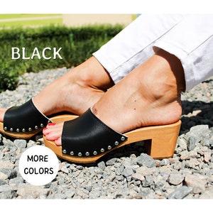 Black women sandals Wood high heel Sandal Leather Women Shoes with studs slip on sandals real leather clogs block wooden heel sandals gift