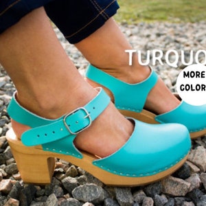 Leather shoes for women Turquise shoes with high heel wooden heel shoes wood platform shoes turquoise women shoes sandals shoes clogs  8.5