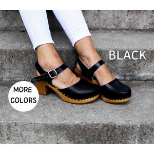 Women leather shoes Mary jane shoes leather women clogs with belt slip on mule black women clogs platform shoes wooden high heel shoes