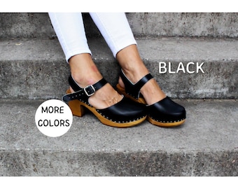 Women leather shoes Mary jane shoes leather women clogs with belt slip on mule black women clogs platform shoes wooden high heel shoes