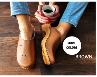 Swedish Clogs Women leather shoes Brown mule with wood sole low heel Clog sweden shoes cognac brown real leather shoes big size shoes  gift