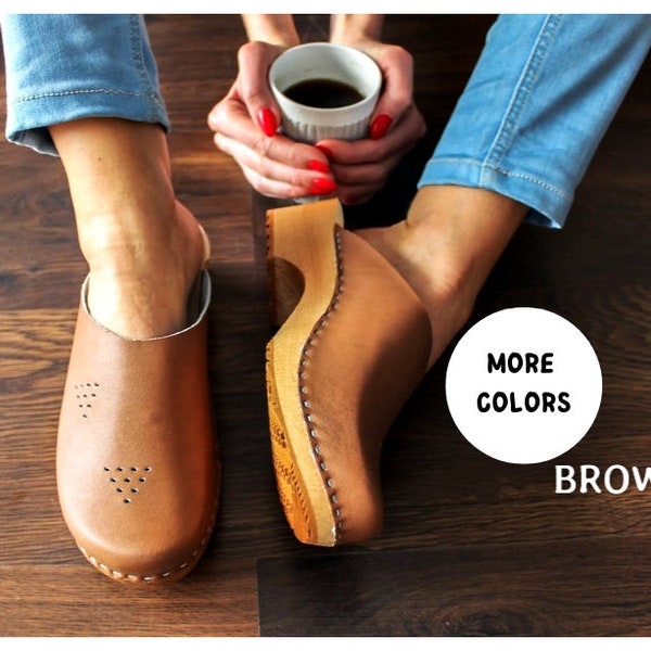 Swedish Clogs Women leather shoes Brown mule with wood sole low heel Clog sweden shoes cognac brown real leather shoes big size shoes  gift