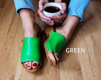Leather sandals for women wooden green sandals low heel sandals with wooden platform leather clogs women sandals open toe slippers boot