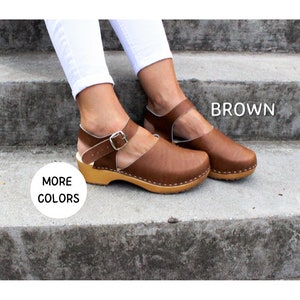 Clogs Brown women Leather women shoes with belt low heel sandals close toe sandals wooden platform boots wide feet 11 12 size 45 black brown image 1