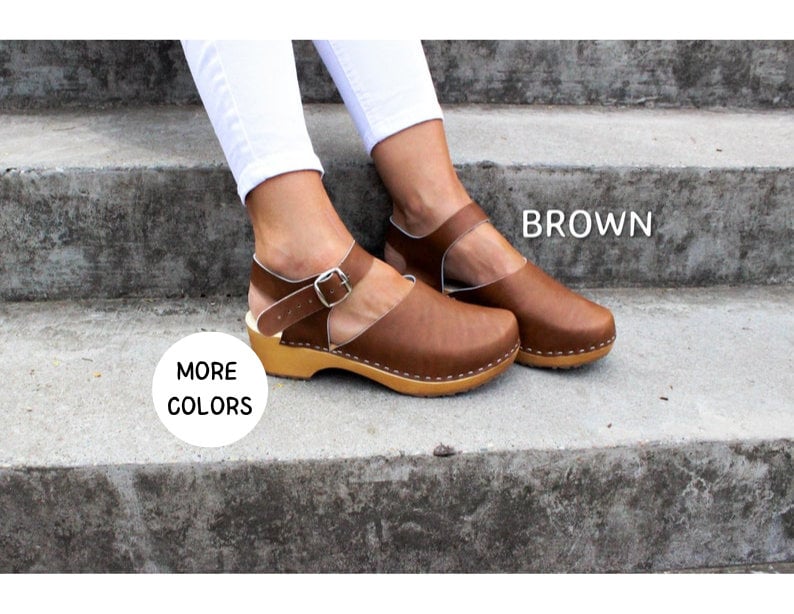 Clogs Brown women Leather women shoes with belt low heel sandals close toe sandals wooden platform boots wide feet 11 12 size 45 black brown image 1