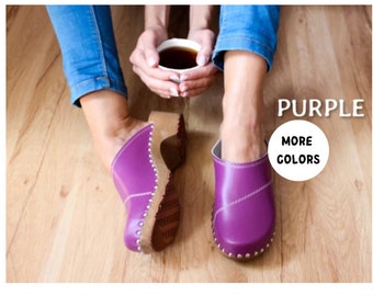 Clogs Swedish clogs wooden clogs moccasins leather sandals women clogs clogs sandal leather clogs mule women sandals wood clogs purple shoes