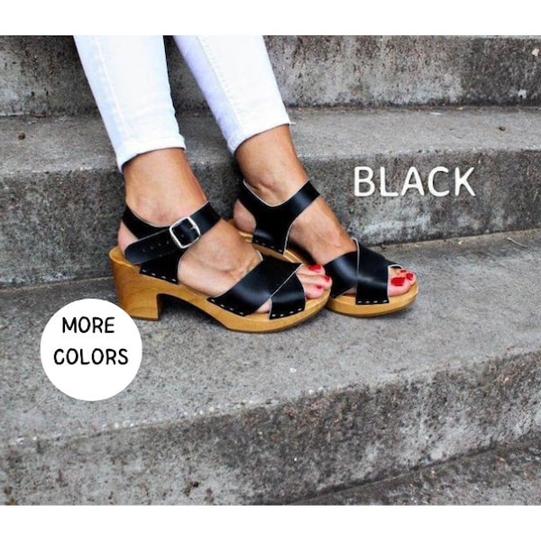 Leather sandals for women Sandals with wooden sole Sandals with wooden platform Leather clogs brown black sandals slip on shoes ankle strap