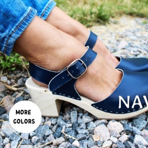 Leather platform shoes shoes with wood sole clogs for women navy leather shoes 3 inch tall heel high heel shoes with strap new clogs mule