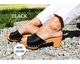 Clogs Leather sandals with studs Wooden clogs high heel clogs Handmade  sandal  high heel wood clogs brown clogs slide shoes platform shoes