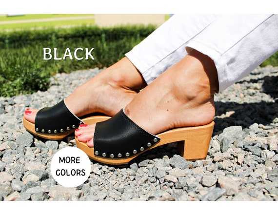 Leather Black Brown Sandals Heel Sandals With Studs Wooden Shoes