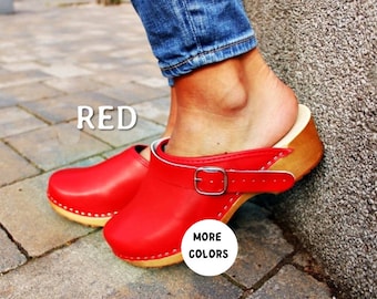 Clogs with ankle strap Wooden sandals for men clogs for  Women clogs Leather mule Clog Womens red clogs  Womens Wood clogs low heel shoes