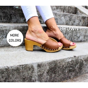 Brown women sandals Wood high heel  Sandal Leather Women Shoes with studs slip on sandals real leather clogs block wooden heel sandals