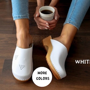 White clogs leather women clogs men clogs with holes wood sole shoes flat sole shoes women leather sandals low heel sandals open back shoes image 1