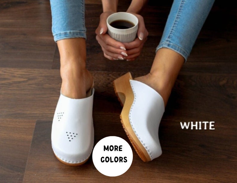 White clogs leather women clogs men clogs with holes wood sole shoes flat sole shoes women leather sandals low heel sandals open back shoes image 1