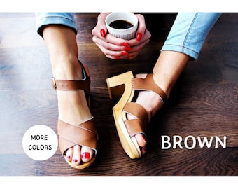 Leather sandals for women with wooden sole ankle strap sandals sandals with belt high heel sandals wood heel sandals wood platform sandals