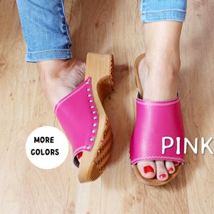 Clogs Swedish clogs leather sandals wooden sandals women low heel  lelther clogs brown women sandals wood clogs pink open toe flip flops