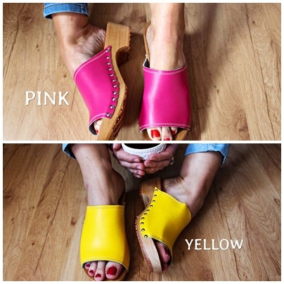 Leather Sandals With Studs Wooden Clogs High Heel Clogs