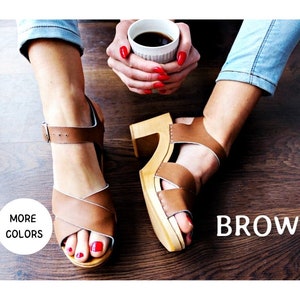 Leather brown sandals for women handmade women clogs platform sandal leather women sandals wood high heel shoes brown shoes summer shoes