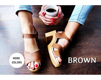 Leather brown sandals for women handmade women clogs platform sandal leather women sandals wood high heel shoes brown shoes summer shoes
