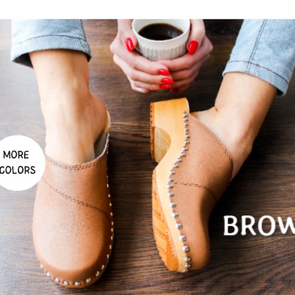 Leather clogs with studs Wooden clogs Women clogs Shoes with studs  Womens leather  Boots Wood clogs Clogs with studs leather brown mule