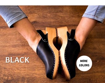 Clogs with belt Clogs with strap wooden leather mule real leather mule for men women black leather shoes with wooden sole swedish clogs