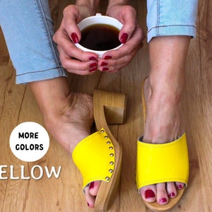 Clogs Swedish clogs wooden clogs moccasins leather sandals women clogs yellow sandal leather clogs mules women sandals wood clogs  shoes