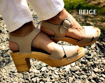Sandals with wooden platform Sandals for women leather sandals high heel sandals wooden heel sandals sandals clogs ankle strap sandals beige