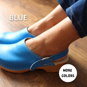Leren schoenen met houten zool Zweedse klompen Handgemaakte klompen Damesmuiltjes Houten laarzen Zweedse klompen houten sandaal blauwe schoenen met lage hak