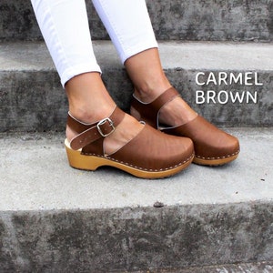 Brown leather clogs womens Clearance