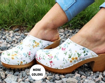 Clogs with flower high heel sandals flower shoes wooden clogs swedish clogs women high heel shoes wooden platform shoes lug sole shoes gift