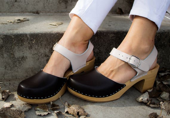Leather clogs clog sandals Ankle Strap Sandals Wooden clogs | Etsy