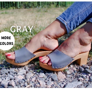 Wood sandals for women leather mule sandals with wooden heel sandals women clogs sandal leather clogs mules women sandals clogs  gray slide