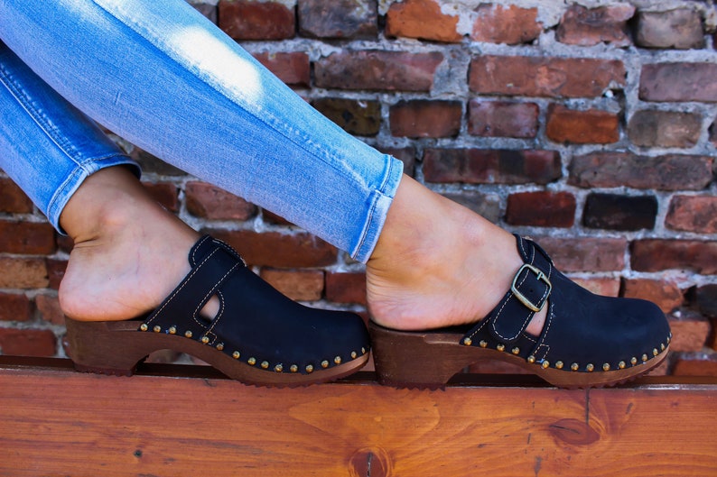 Leather clogs black sandals handmade Sandals Wooden clogs swedish clogs Handmade clogs Gift for women mules wood clog suede leather sandals