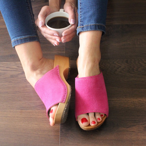 Leather suede clogs pink sandals studs handmade Sandals Wooden clogs swedish clogs slip one sandals mules heel wood clogs slide sandals