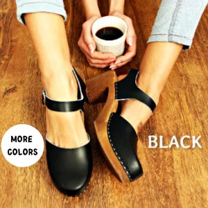 New Clogs Moccasins Wooden clogs Women clogs Leather clogs Clog Womens black Womens moccasins Wood clog  black sandal high heel shoes  brown