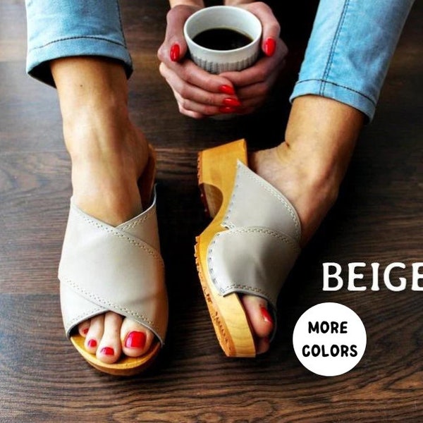 LEATHER SANDALS clog sandals swedish clogs clogs women wooden clogs women clogs leather clogs leather sandals wood clogs ankle strap beige