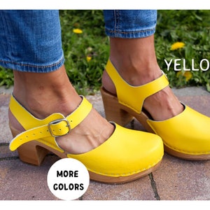 Shoes with wooden sole for women Wooden platform clogs wooden high heel boots women clogs  leather women shoes with strap yellow shoes mule