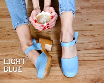 Clogs with strap high heel clogs for women ankle strap shoes mary jane shoes with wooden sole wood platform clogs natural leather shoes blue