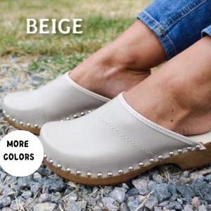 New clogs for women Leather clogs Shoes with wooden sole shoes with wooden platform clogs with studs beige shoes swedish women clogs mule