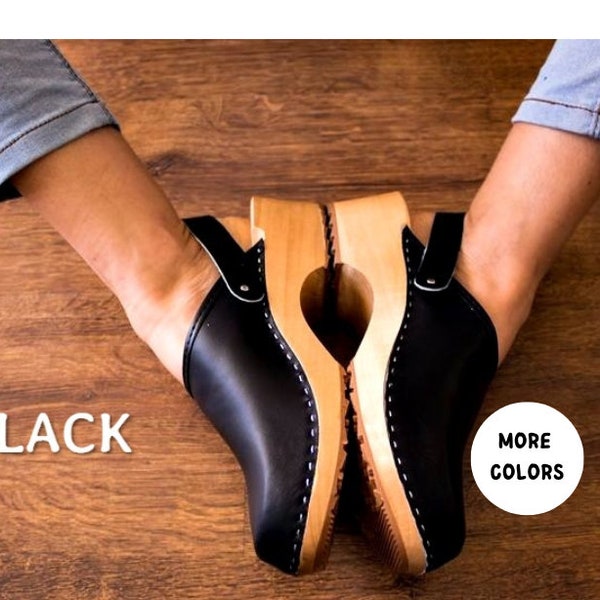 Clogs with belt Black women leather clogs Shoes with platform wooden sole shoes sweden clogs leather women mule black women clogs low heel