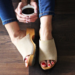 Leather women sandals beige wooden clogs open toe sandals for her wood platform sandals suede  leather slippers new women shoes flip flops