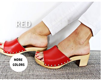 Clogs Leather sandals with studs Wooden clogs high heel clogs Handmade  sandal  high heel wood clogs red clogs slide shoes platform shoes