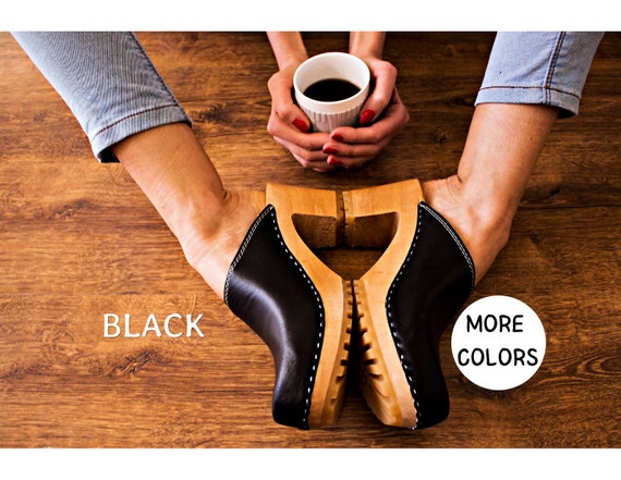 Ladies black leather clogs hot sale